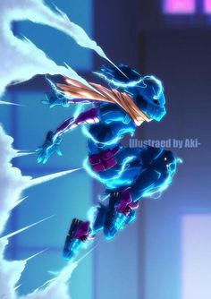 an animated character flying through the air with blue and purple colors on his body, in front of a window