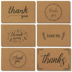 six thank cards with the words thank you and hand written in black ink on brown paper