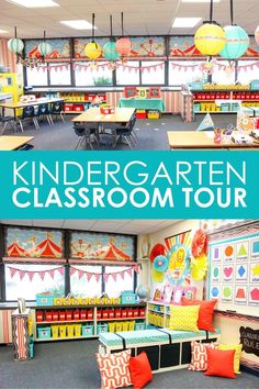 the classroom is decorated with colorful decorations and bookshelves for children's class