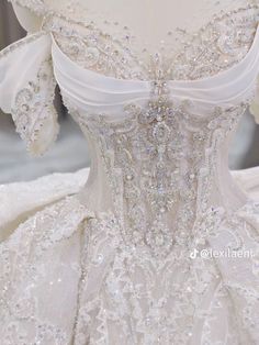 the back of a wedding dress with beading and ruffles on it's shoulders