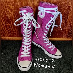 Rare Vintage Converse All Star Chuck Taylor X-Hi Tall Calf Knee High Sneakers Boots. These Are Pink Calf High Goth Punk Shoes. They Have A Vibrant Cute Glittery Pink Accent. The Laces Have 4 New Shoelaces, Each Shoe Has 2 Laces Attached. These Are In Good Clean Pre-Owned Condition. Rare Discontinued Hard To Find Style. Junior 2 Womens 4 Smoke Free Home. Bundle And Save I Have Many Other Converse Shoes Listed On My Page. Please Take A Look :) Scene Shoes, Knee High Sneakers, Scene Clothes, Cool Converse, Pink Chucks, Converse Boots, Happy Monster, Find Style, Punk Shoes