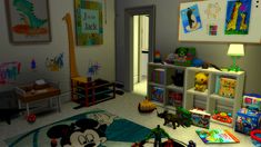 a child's playroom with toys and books on the floor in front of it