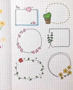 an open notebook with doodles and flowers on the pages, including frames for photos