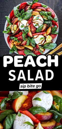 peach salad with spinach, tomatoes and mozzarella cheese on top is shown