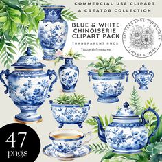 the blue and white china tea set is shown