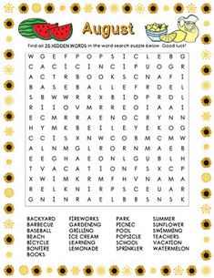 an august word search with sunflowers and watermelon