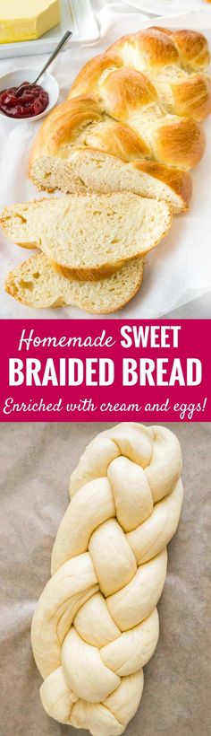 homemade sweet braided bread with cranberry sauce on the side and text overlay