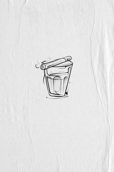 a black and white drawing of a plastic cup with a spoon in it on paper