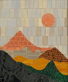 a painting that is on the side of a wall with mountains and sun in the background