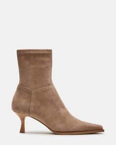 STASIA Taupe Suede Kitten Heel Ankle Bootie | Women's Booties Brown Pointed Toe Boots, Taupe Ankle Boots, Taupe Shoes, Kitten Heel Ankle Boots, Pointed Boots, Beige Boots, Women's Booties, Steve Madden Boots, Pointed Toe Boots