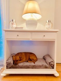 a dog laying on top of a bed under a table next to a lamp and window