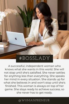 a woman sitting at a desk with a laptop in front of her and the caption says, boss lady