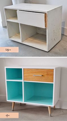 an old dresser is transformed into a modern sideboard with paint and wood trimmings