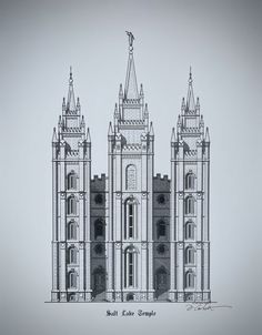 a black and white drawing of the salt lake temple