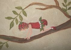 a painting of a girl in a red dress on a tree branch with green leaves