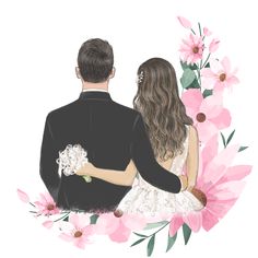 a man and woman sitting next to each other in front of pink flowers on a white background