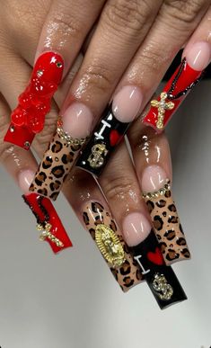 Heart Cheetah Nails, Cheetah And Zebra Print Nails, Cherry And Cheetah Nails, Nail Competition Ideas, Nail Inspo Cheetah Print, Red And Cheetah Print Nails, Cheetah Red Nails, Red Birthday Nail Designs, Leopard Print Nails French Tip