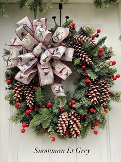 a christmas wreath with pine cones and red berries hanging on the front door for decoration