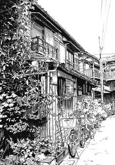 a black and white drawing of an old house with bicycles parked in front of it