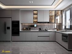 a modern kitchen with stainless steel appliances and gray cabinets, along with marble flooring