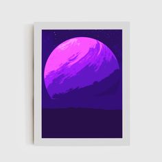 a purple and black poster with the moon in the background on a white wall above it