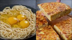 there are two pictures of food and noodles