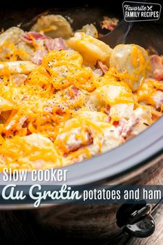 the slow cooker is loaded with potatoes and ham