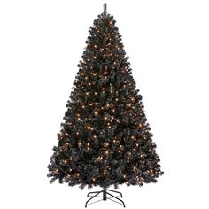 a black christmas tree with white lights on it