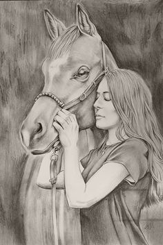 a drawing of a woman hugging a horse's bridle with her face close to it