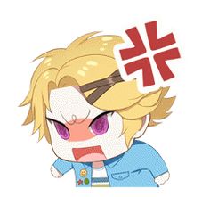 an anime character with blonde hair and big eyes holding a red cross above his head