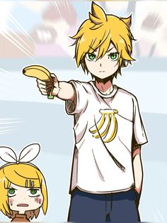 an anime character holding a banana in one hand and pointing at something with the other