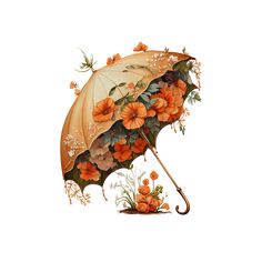 an orange umbrella with flowers on it is open and has the handle extended to show the inside