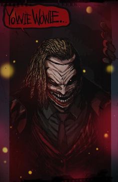 an evil clown with long hair and red eyes in front of a dark colored background