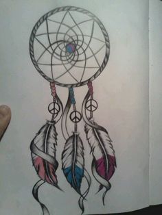 a drawing of a dream catcher with feathers