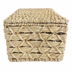 a large woven basket with handles on the top and bottom, sitting in front of a white background