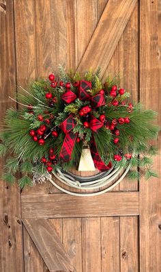 a christmas wreath hanging on the side of a wooden door