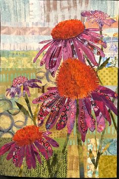 an art quilt with flowers and butterflies on it