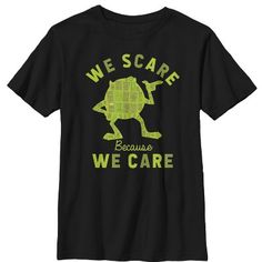 we scare because we care t - shirt in black with green print on the front