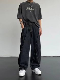 Japanese Pants, Ripped Jeans Casual, Casual Fashion Trends, Mid Waist Pants, Black Wide Leg Trousers, Moda Jeans, Patchwork Denim, Streetwear Men, Summer Jeans