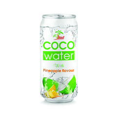 a can of coco water with pineapple flavor on the inside and green leaves in the bottom