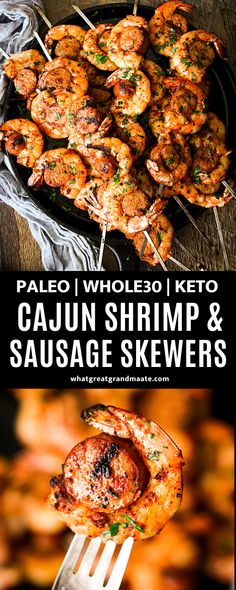 grilled shrimp and sausage skewers on a plate with text overlay that reads paleo whole keto cajun shrimp & sausage skewers