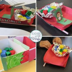 there are four pictures of different things made out of construction paper and plasticine materials