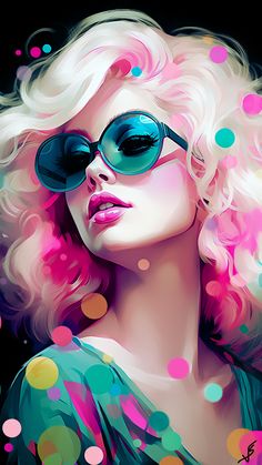 a digital painting of a woman wearing sunglasses and pink hair with colorful circles around her