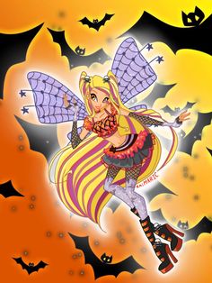 a woman dressed as a fairy flying through the air with bats in the sky behind her