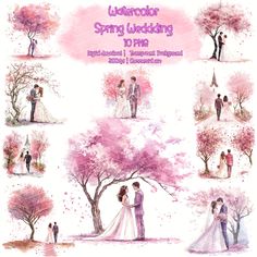 watercolor spring wedding clipart set with bride and groom under the tree in pink