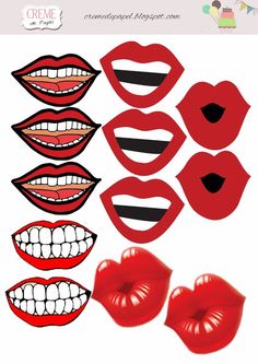 red lips with black stripes and white teeth are arranged in the shape of mouth shapes