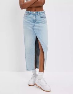 AE Low-Rise Denim Maxi Skirt Hean Skirt Fall, Cheap Trendy Denim Skirt, Long Jean Skirt, Wardrobe Consultant, Long Denim Skirt, Denim Skirt Women, Denim Maxi, Denim Maxi Skirt, Denim Midi Skirt