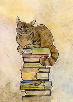 a drawing of a cat sitting on top of a stack of books with eyes closed