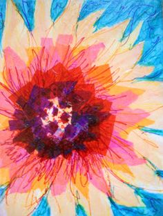 an abstract painting of a sunflower on blue and yellow paper with red center in the middle