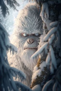 an image of a big furry creature in the woods with snow on it's face